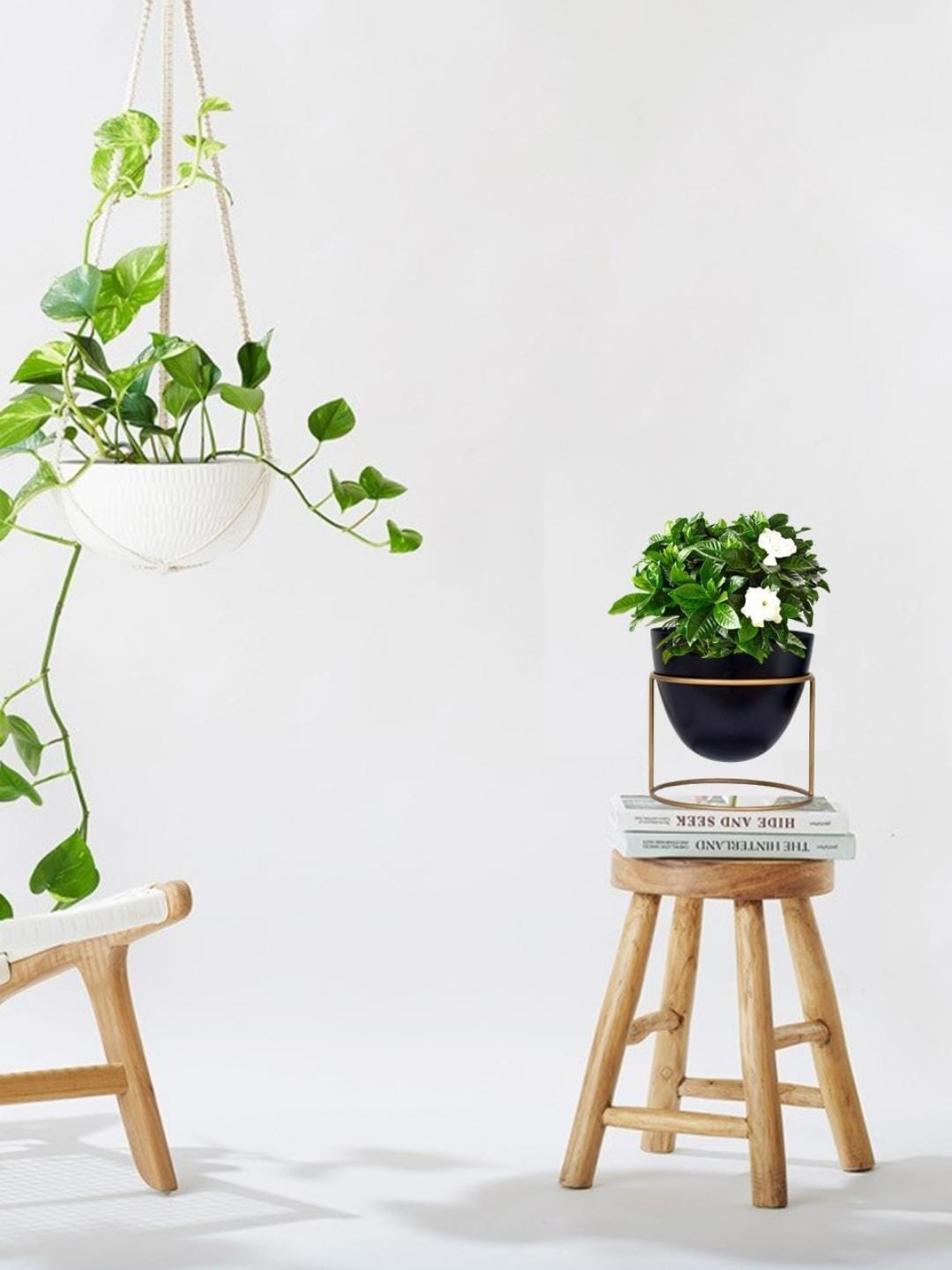 ecofynd Black & Metallic-toned Metal Planter Pot With Stand