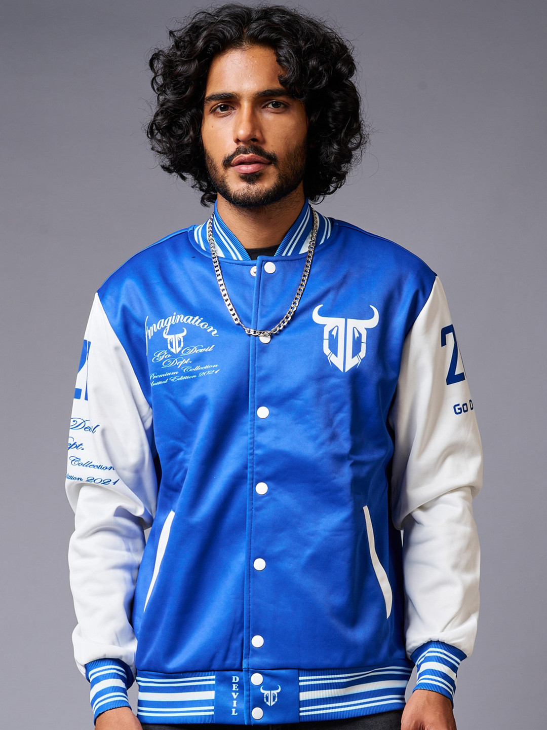 GO DEVIL Typography Printed Cotton Bomber Jacket with Zip Detail