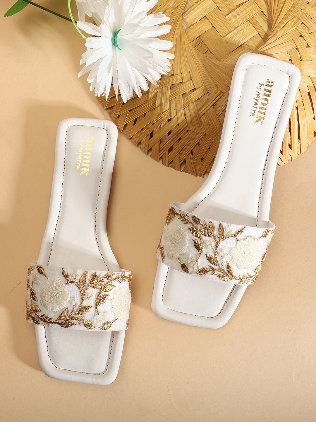 Anouk White & Gold-Toned Embroidered Open Toe Flats