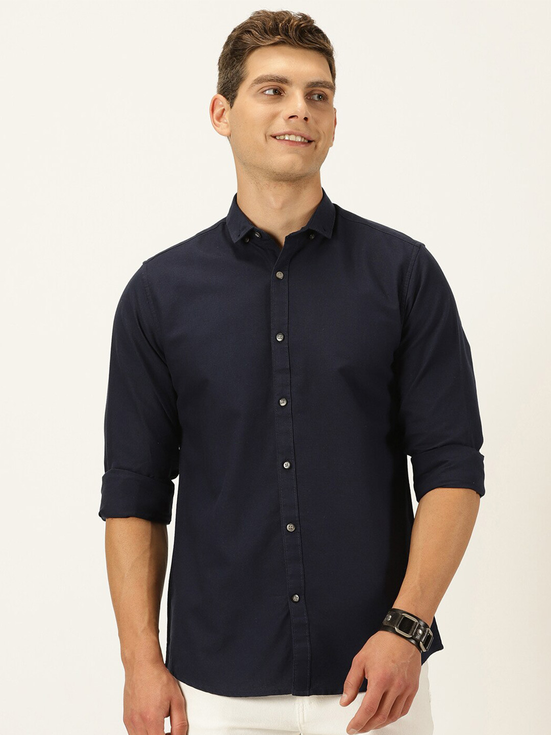 Mast & Harbour Navy Blue Classic Slim Fit Oxford Weave Cotton Casual Shirt