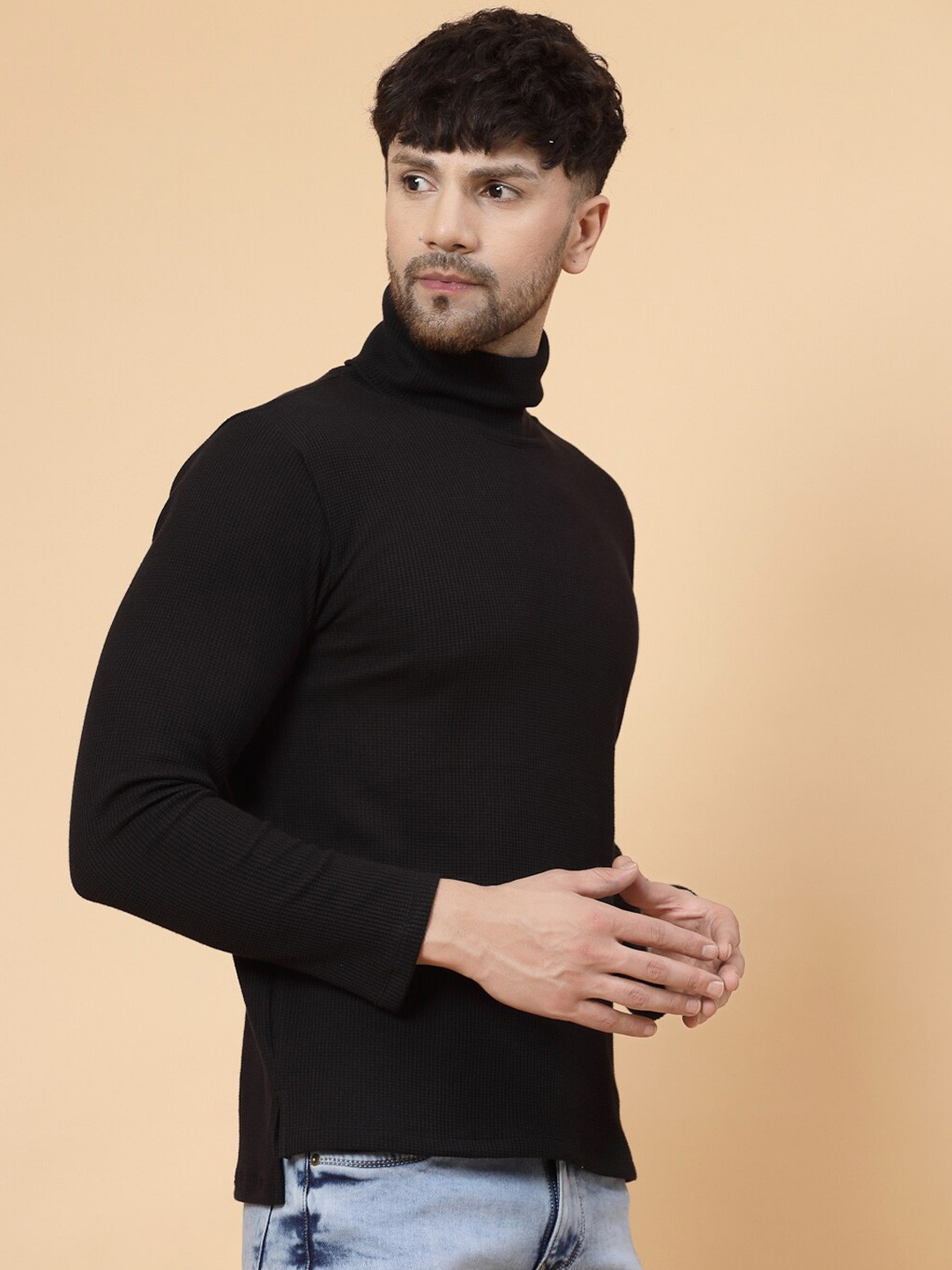 Rigo Self Design High Neck Cotton T-shirt
