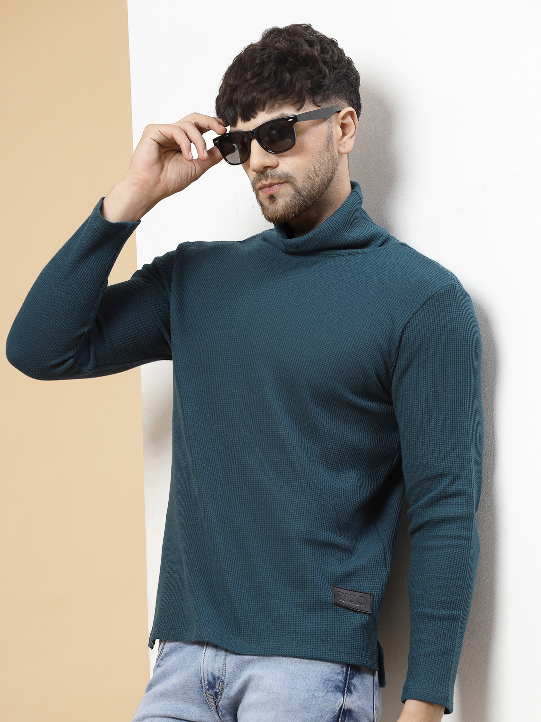 Rigo Self Design High Neck Cotton Casual T-shirt