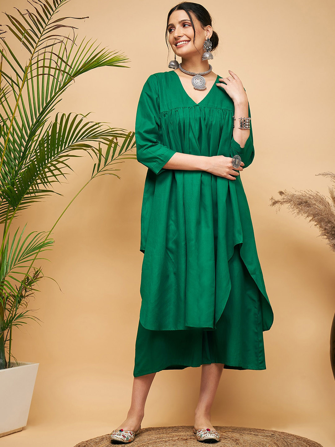 InWeave V-Neck A-Line Regular Fusion Kurta with Palazzos