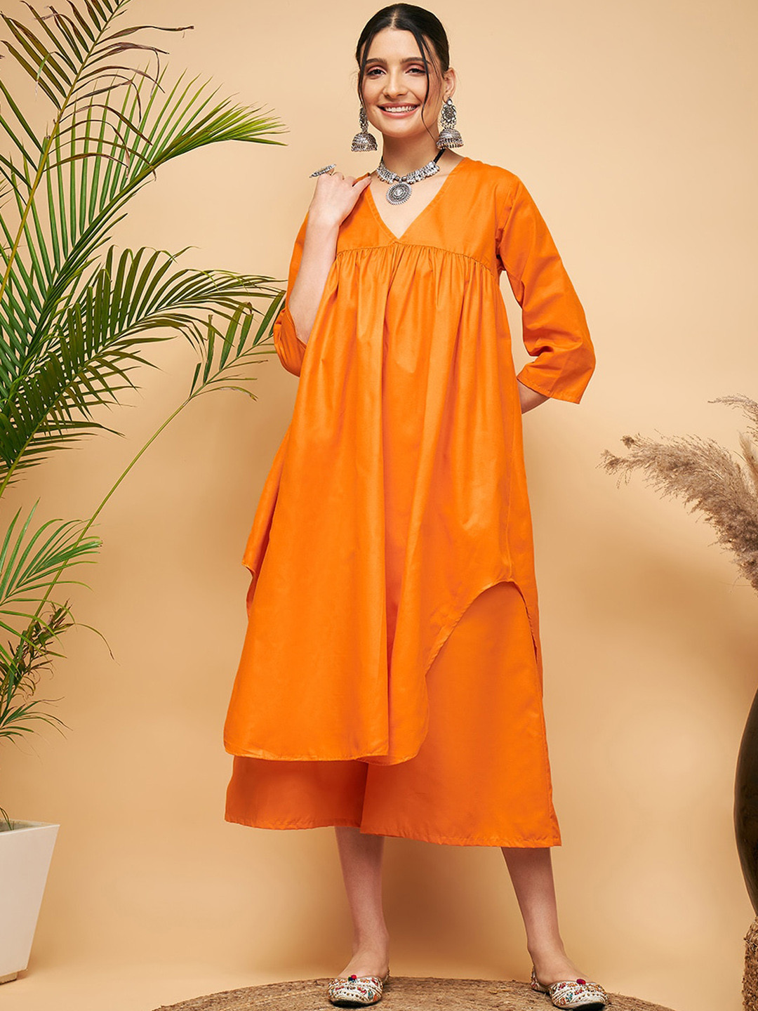 InWeave V-Neck Asymmetric Empire Fusion Kurta With Palazzos