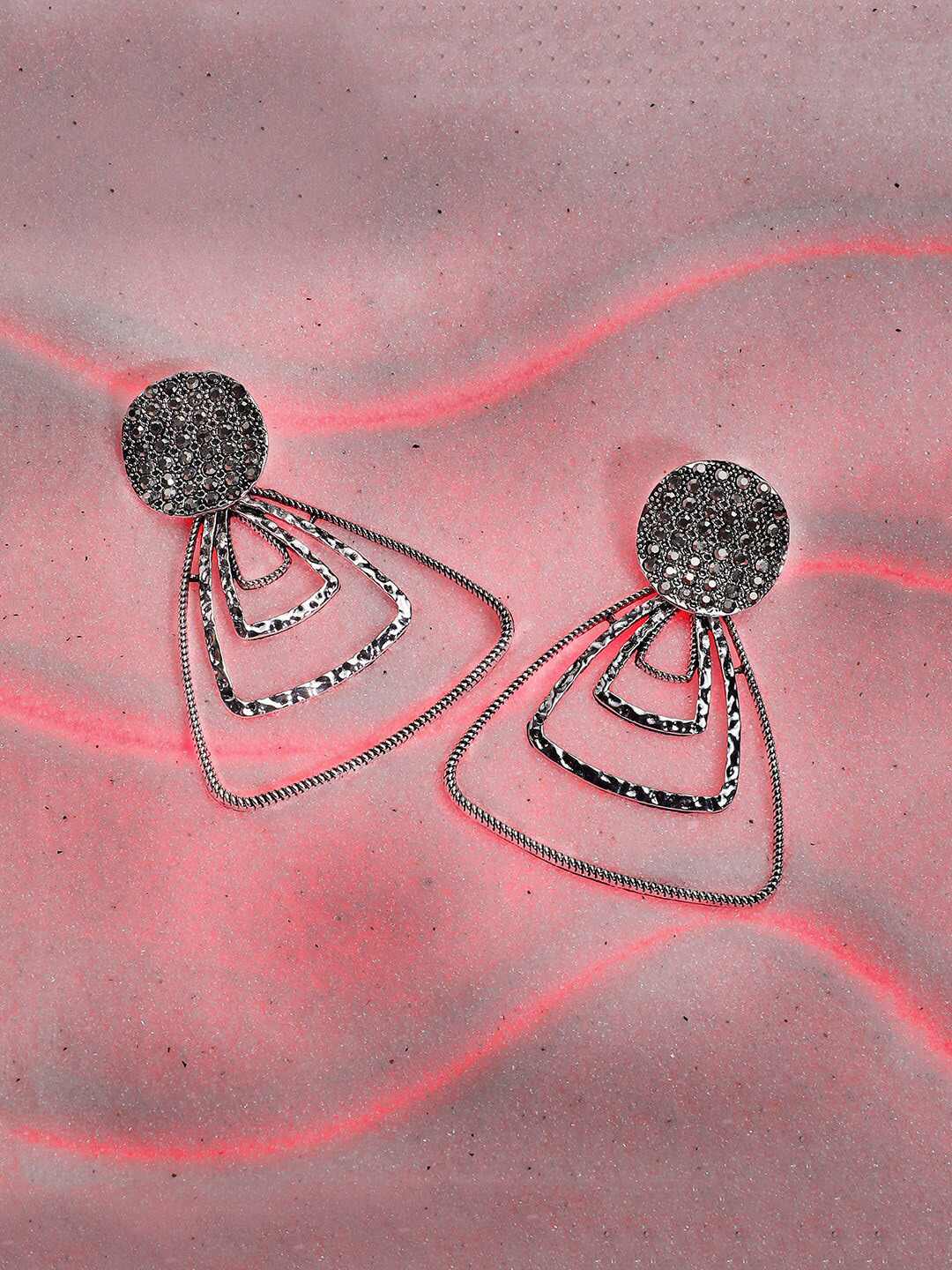 SOHI Silver-Plated Stone-Studded Triangle Drop Earrings