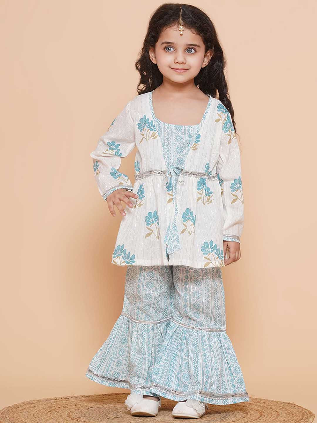 Aj DEZInES Girls Geometric Printed Regular Pure Cotton Kurti with Sharara & Shrug