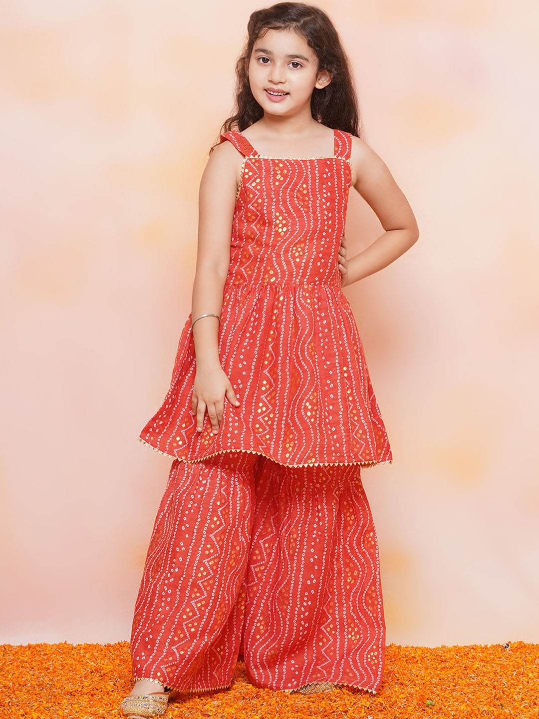 Aj DEZInES Girls Bandhani Printed Square Neck Pure Cotton A-Line Kurta With Sharara