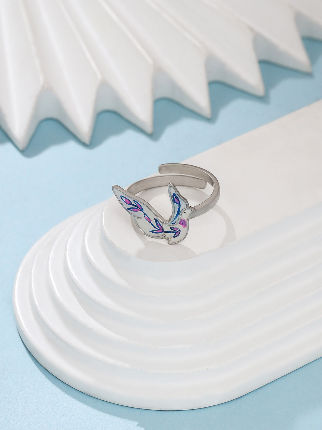 925 Sterling Silver Enameled Bird Adjustable Ring For Women