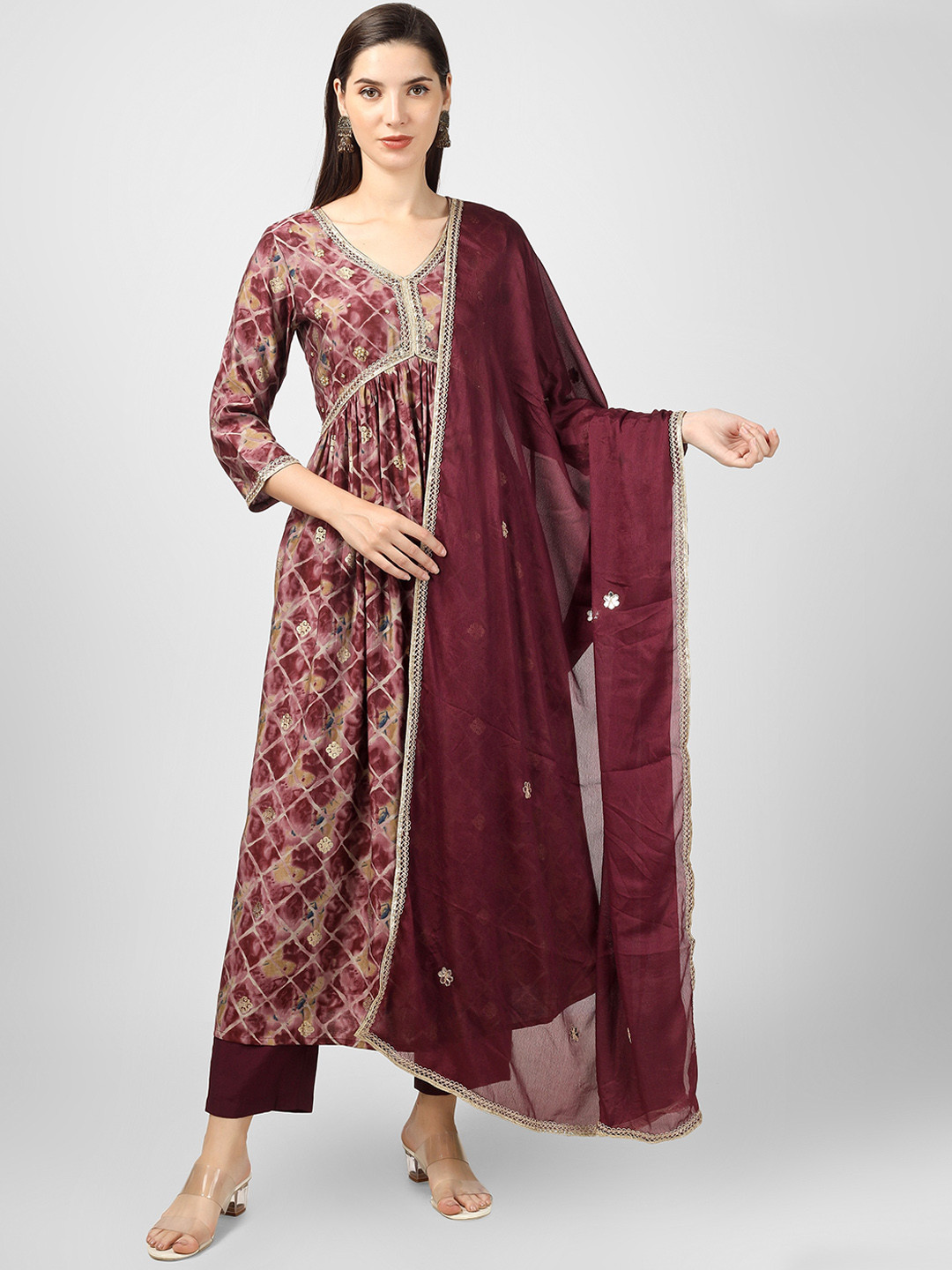 CELEBRAVO Abstract Printed Threadi Work Chanderi Silk Kurta with Trousers & Dupatta