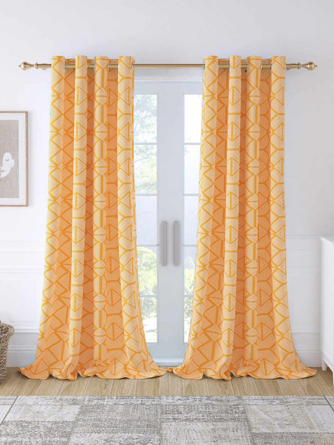 Story@home Bohemian Orange & White 2 Pieces Geometric Room Darkening Long Door Curtains