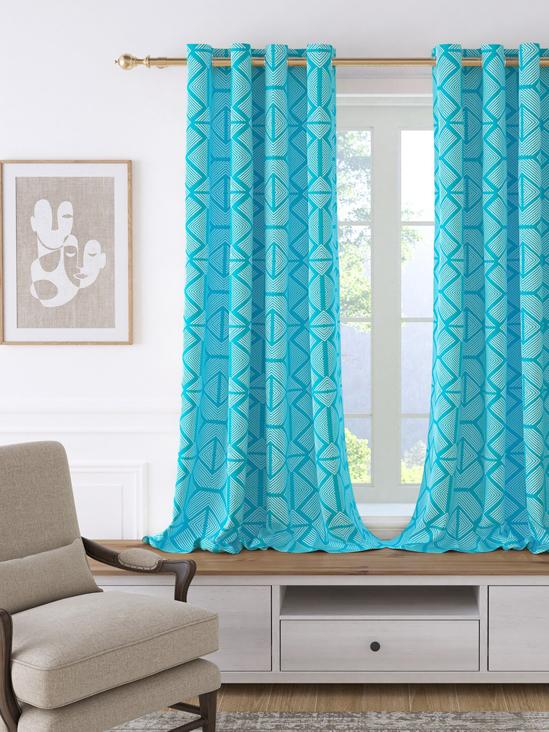 Story@home Bohemian Blue Abstract Room Darkening Cotton Window Curtain