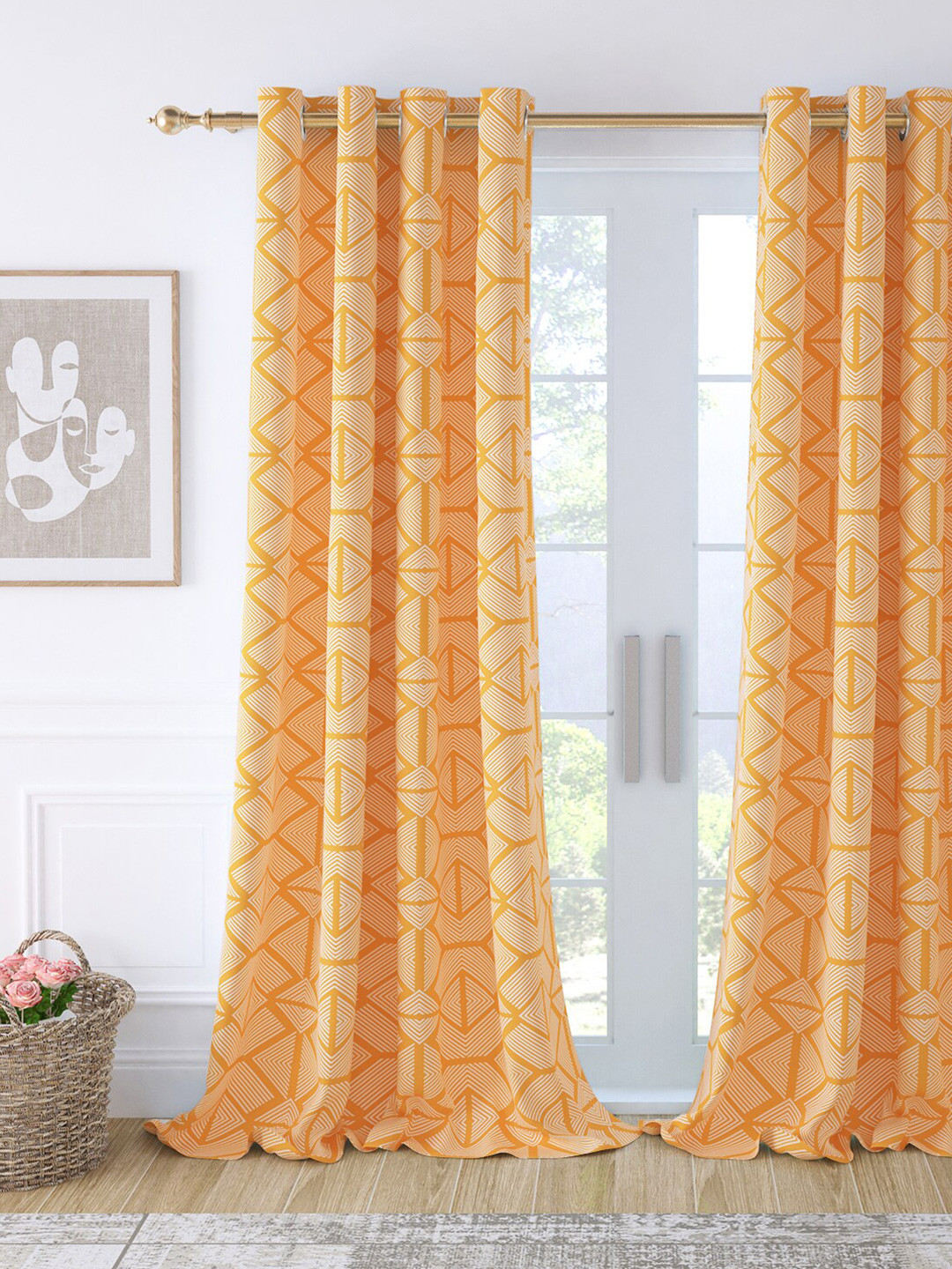 Story@home Orange & Cream-Coloured Abstract Room Darkening Long Door Curtain