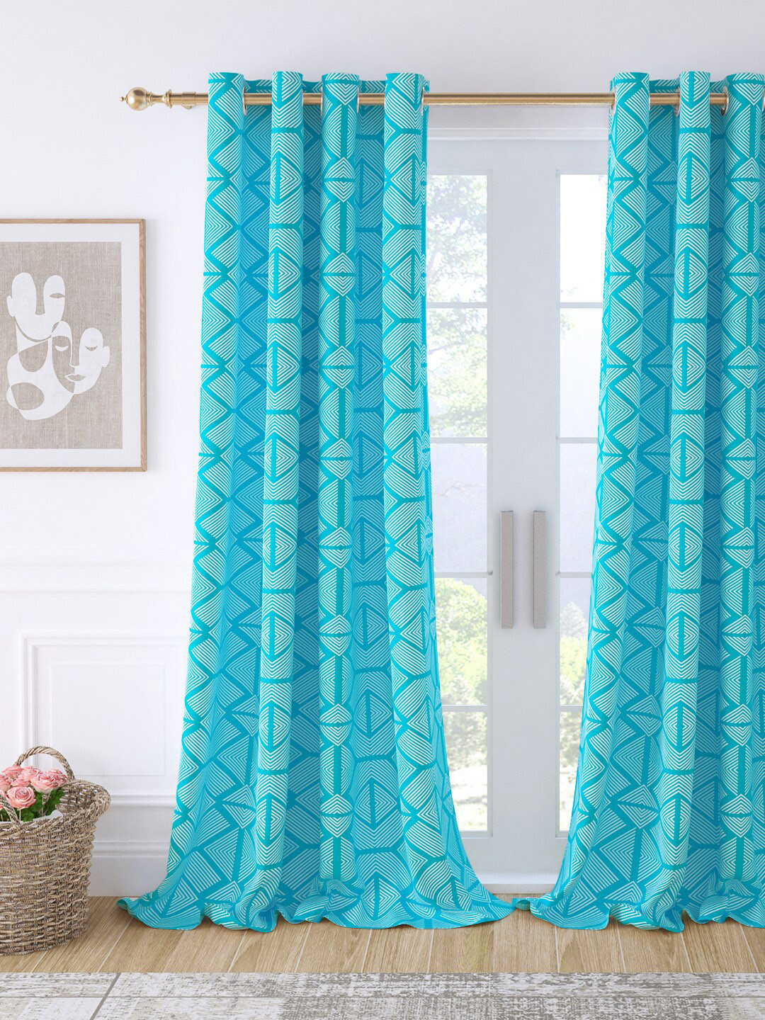 Story@home Bohemian Blue & White Geometric Room Darkening Cotton Long Door Curtain