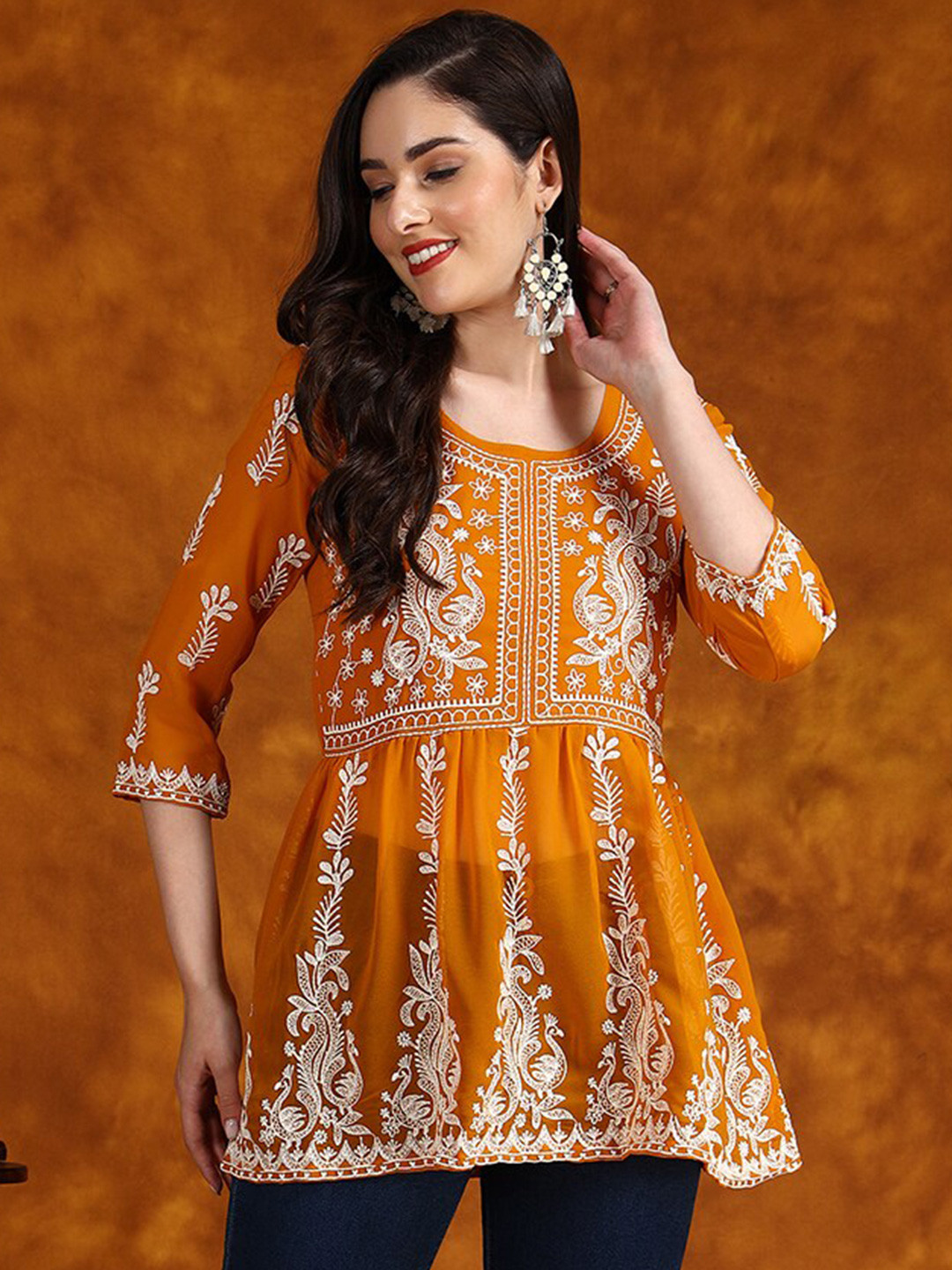 HERE&NOW Embroidered Chikankari Georgette Short Kurti