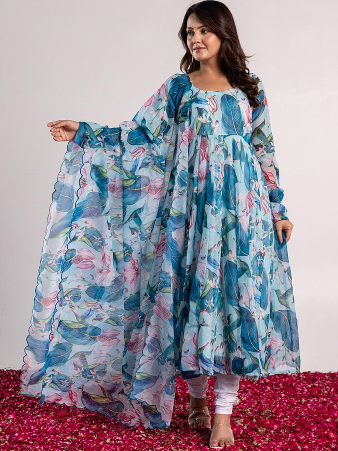 OneWe Floral Printed Empire Linen Kurta With Churidar & Dupatta