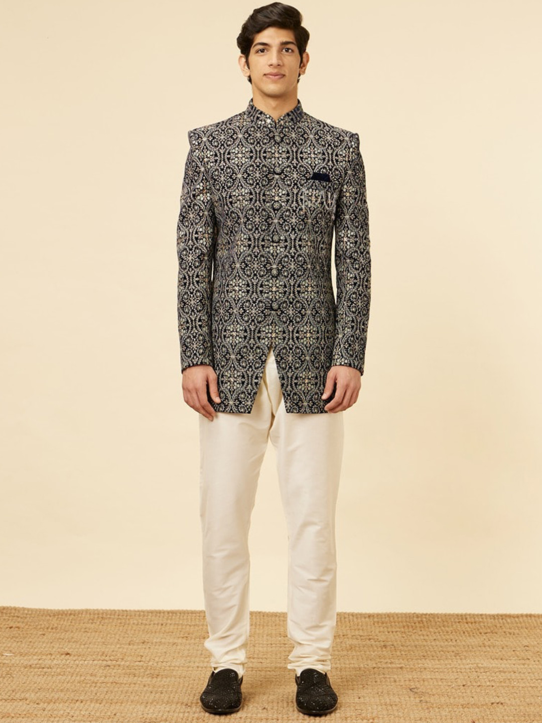 Manyavar Embroidered Mandarin Collar Indo Western Sherwani Set