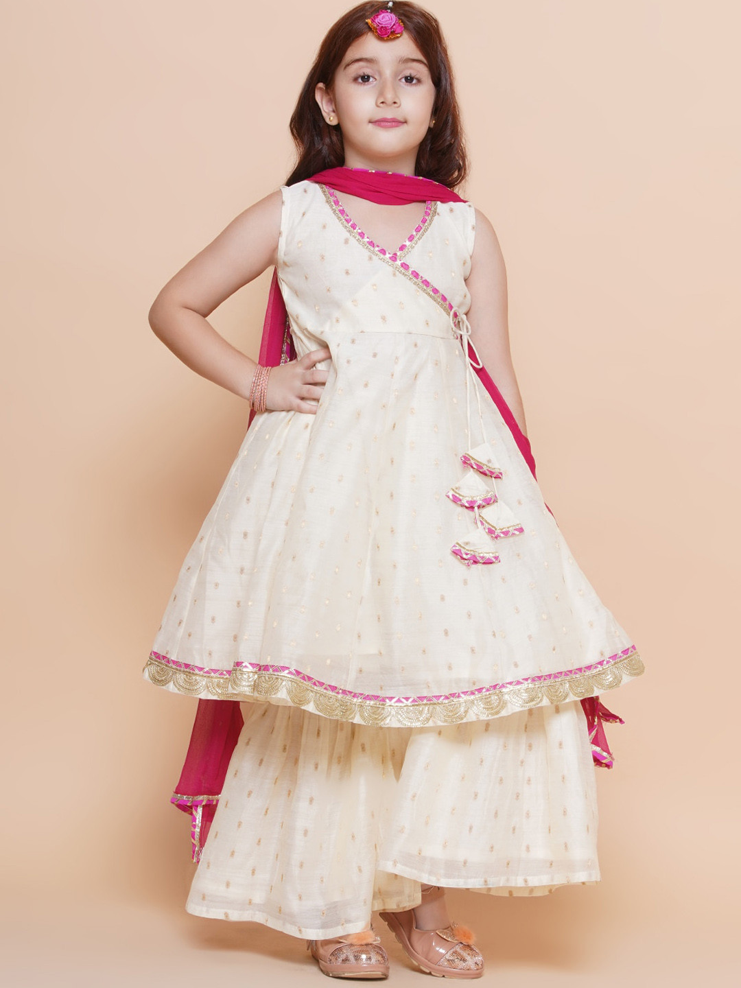 Bitiya by Bhama Girls Woven Design Angrakha Gotta Patti Kurta with Sharara & Dupatta