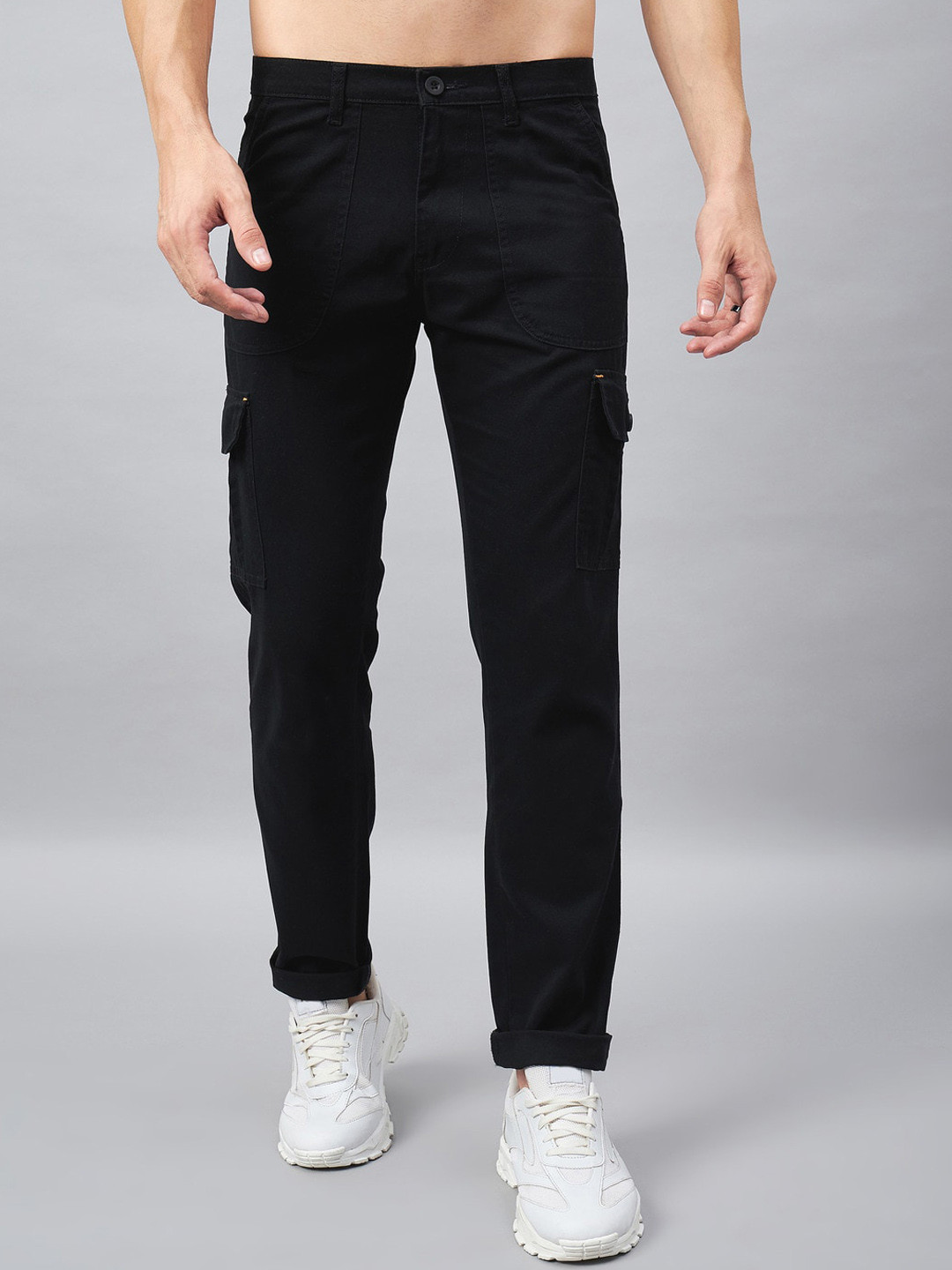 STUDIO NEXX Men Black Relaxed Straight Leg Straight Fit Cargos Trousers