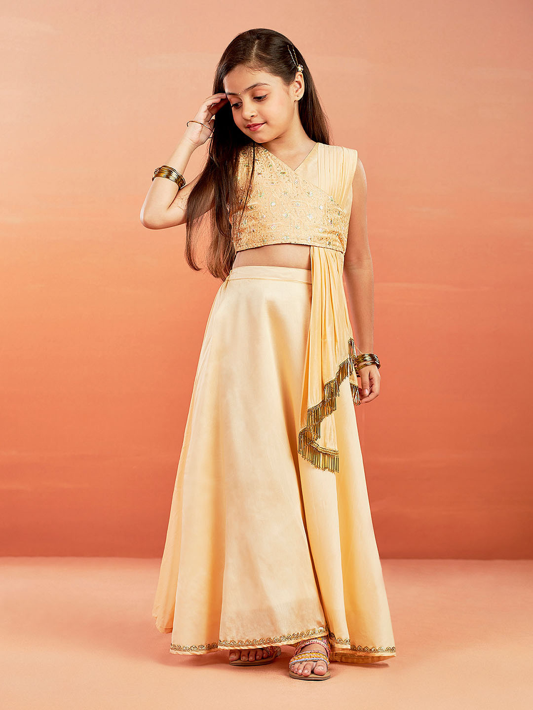 VASTRAMAY Girls Embroidered Sequinned Ready to Wear Cotton Lehenga