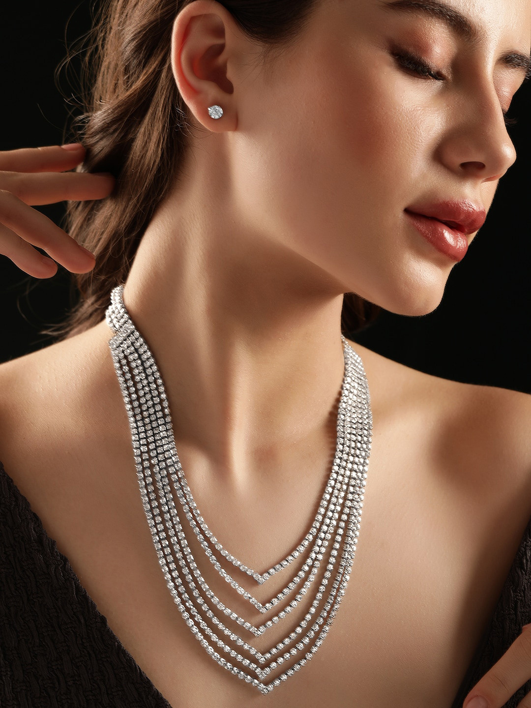 Rubans Rhodium-Plated Crystal-Studded multi-Layered Necklace & Earring Set