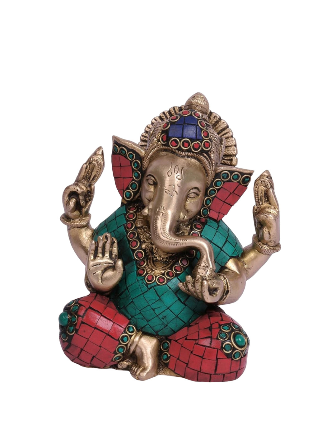 CraftVatika Conch Ganesh Green Brass Metallic Prayer Room Small Showpiece - 6.5 Inches