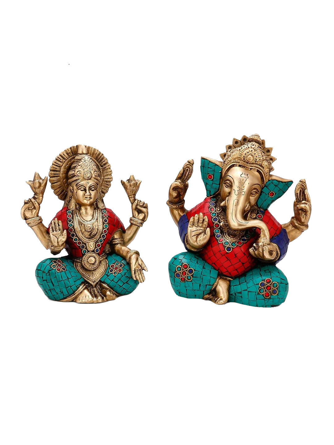 CraftVatika Puja Stone Ganesh Gold Brass Metallic Prayer Room Set of 2 Small Showpieces - 7 Inches