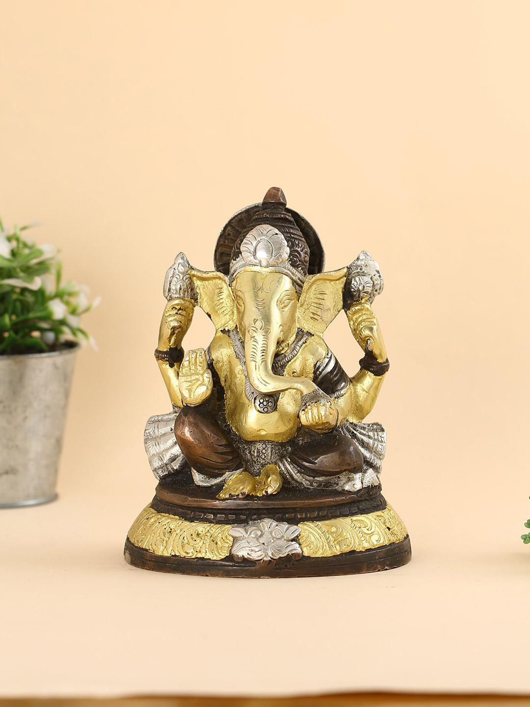 CraftVatika God Ganesha Gold Brass Metallic Prayer Room Small Showpiece - 3 Inches