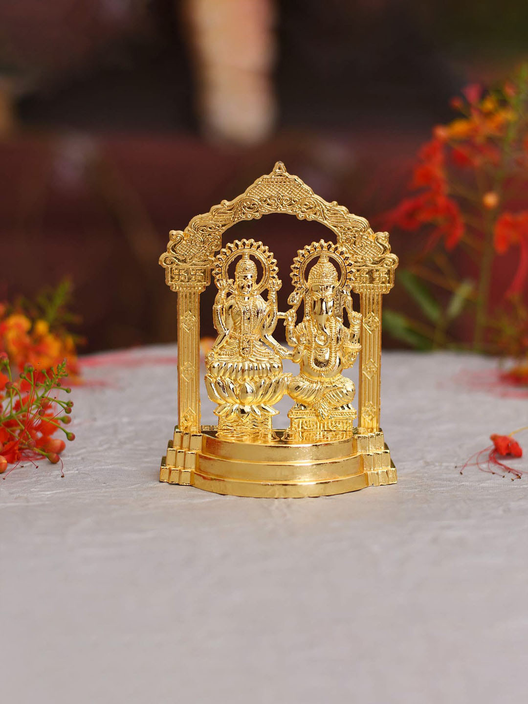 CraftVatika Shreemant Dagdu Ganpati Gold Metal Metallic Prayer Room Medium Showpiece - 4.9 Inches