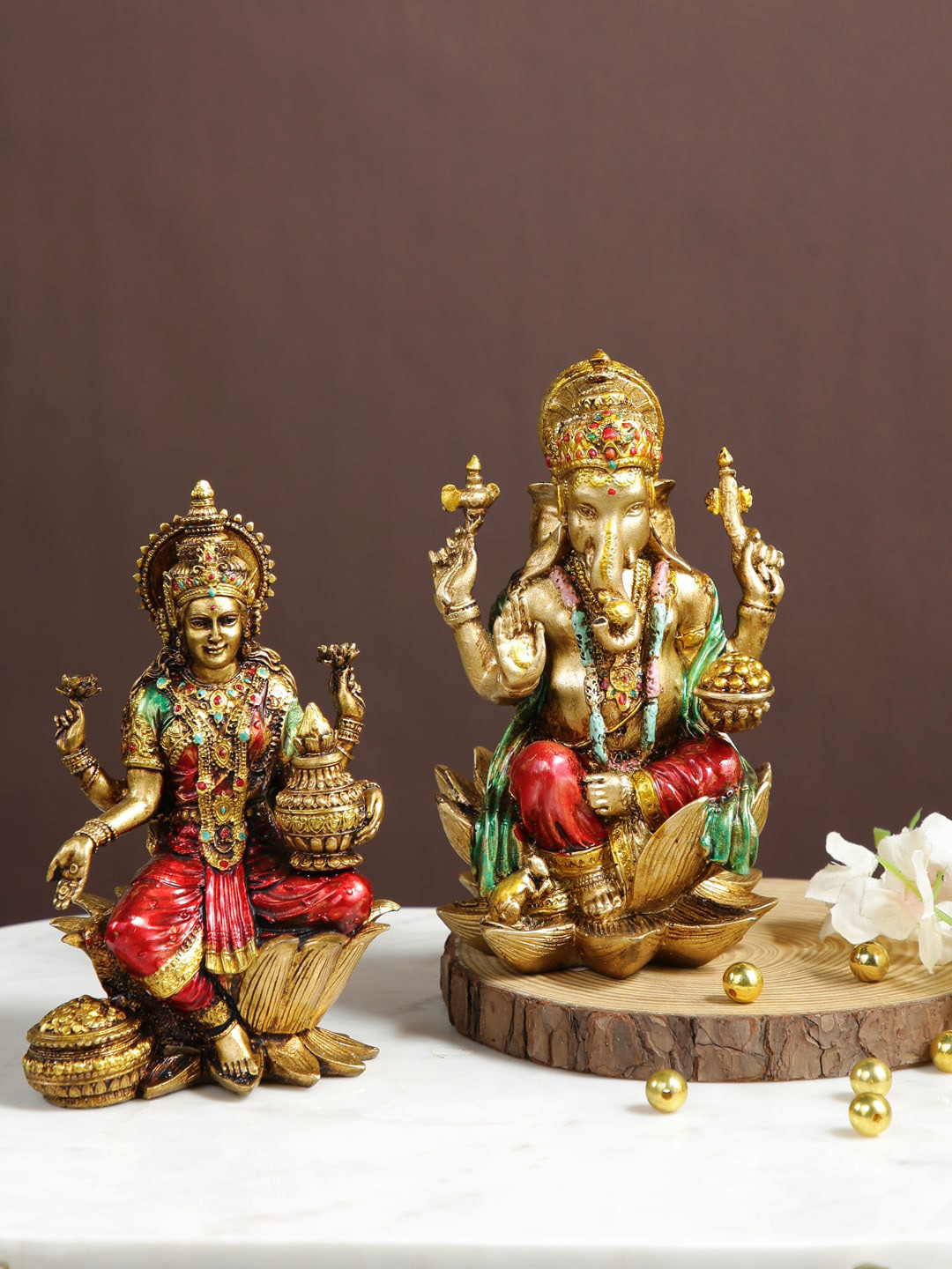 CraftVatika God Ganesh Gold Ceramic Glossy Prayer Room Set of 2 Medium Showpieces - 2.8 Inches