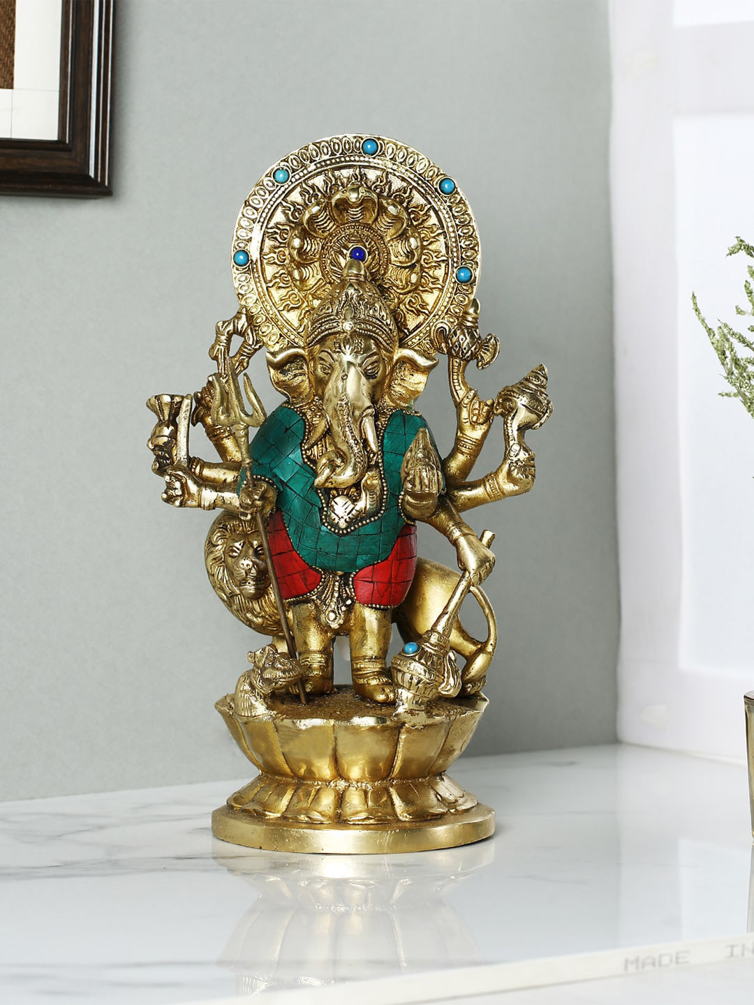 CraftVatika Lakshmi Ganesh Saraswati Gold Brass Metallic Prayer Room Medium Showpiece - 4.5 Inches