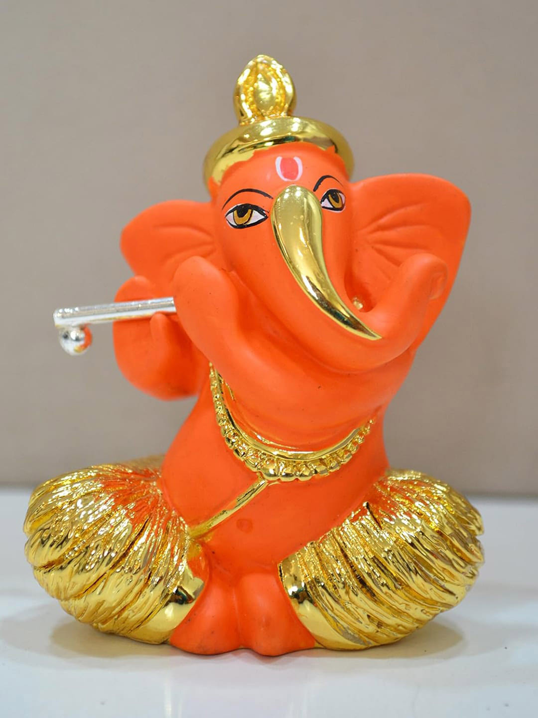 CraftVatika Laxmi Ganesha Mandir Orange Ceramic Glossy Home Office Small Showpiece - 2.8 Inches