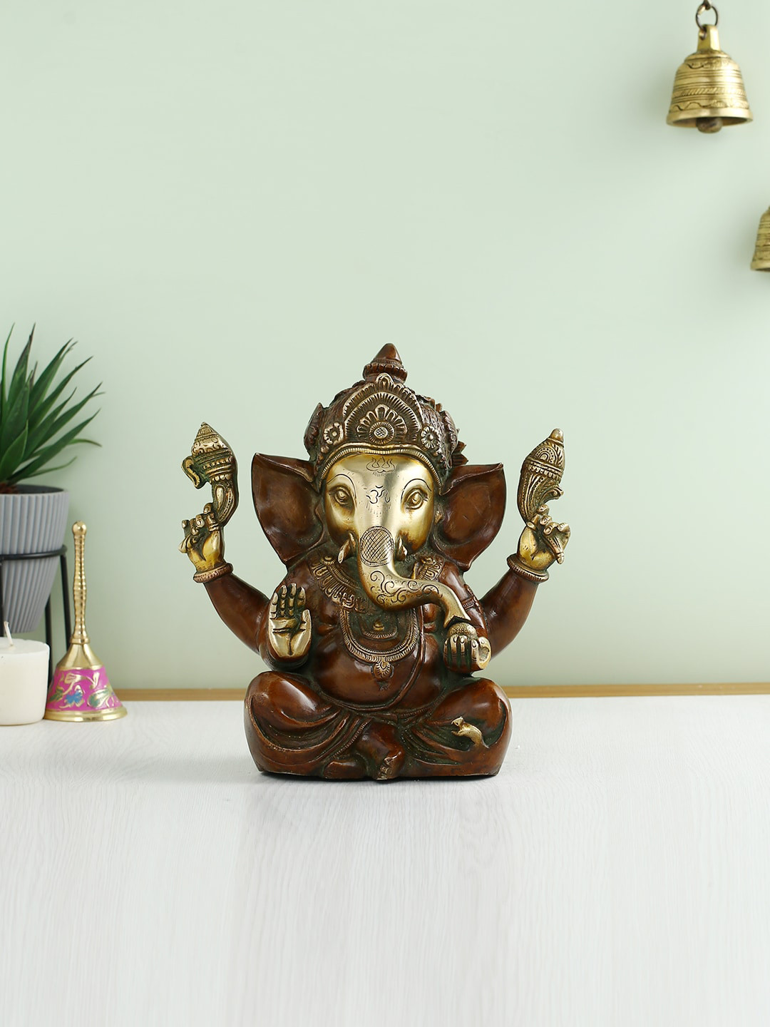 CraftVatika Dancing Ganesha Brown Brass Metallic Prayer Room Hand Made Medium Showpiece - 6 Inches