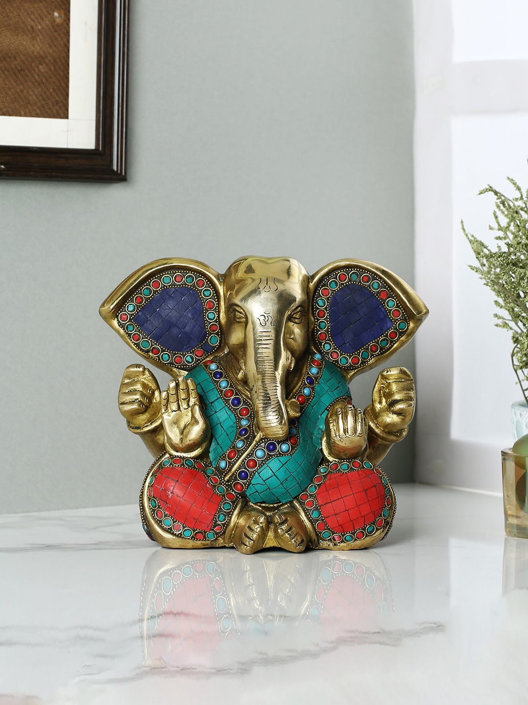 CraftVatika Relaxing Ganesh Gold Brass Metallic Prayer Room Medium Showpiece - 4.8 Inches