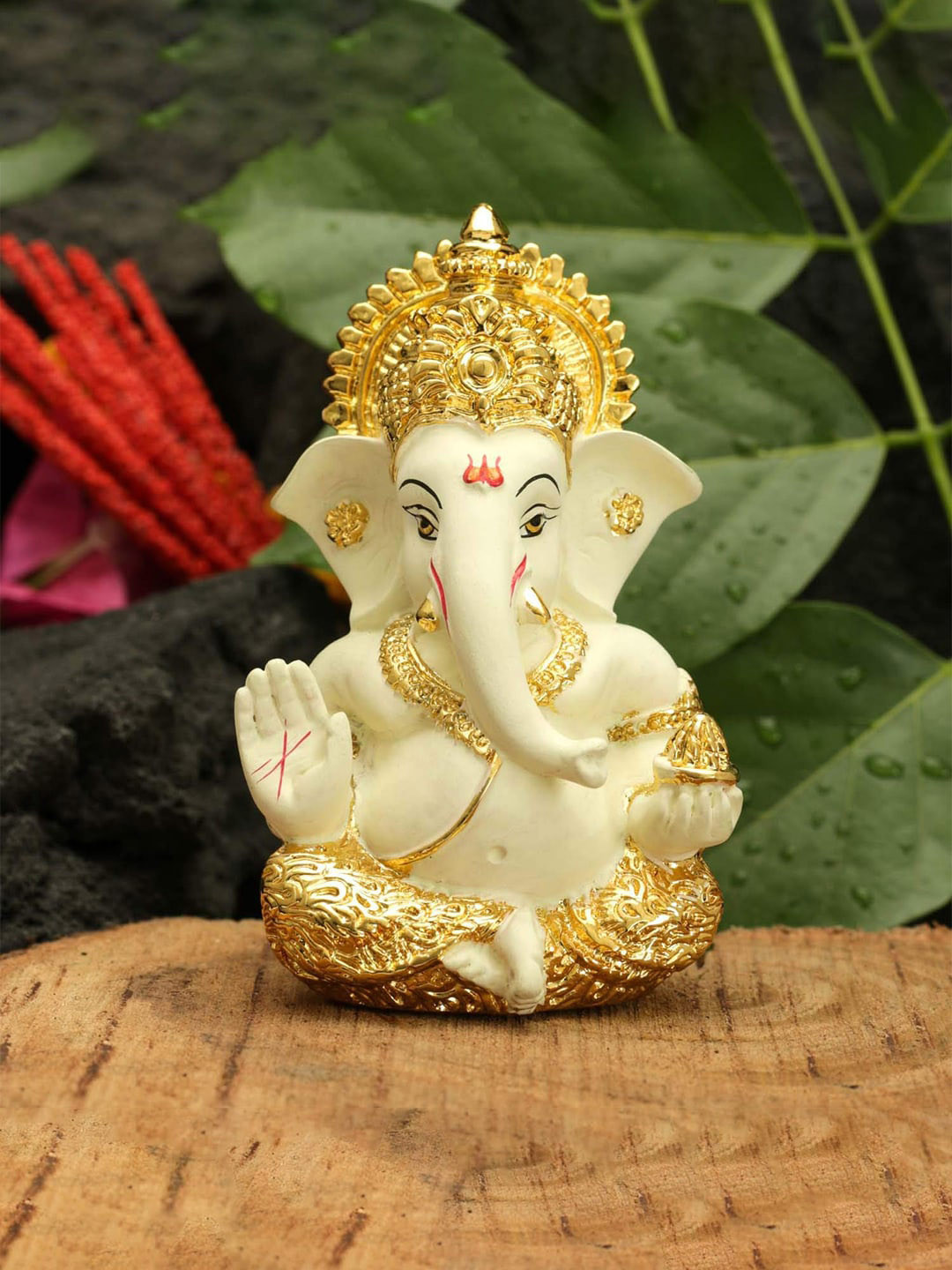 CraftVatika Lotus Sitting Ganesha Cream Ceramic Glossy Prayer Room Medium Showpiece - 3.1 Inches