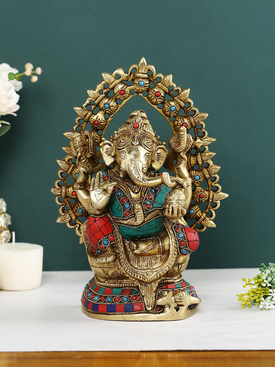CraftVatika Lord Taj Ganesha Gold Brass Metallic Prayer Room Hand Carved Small Showpiece - 4.1 Inches