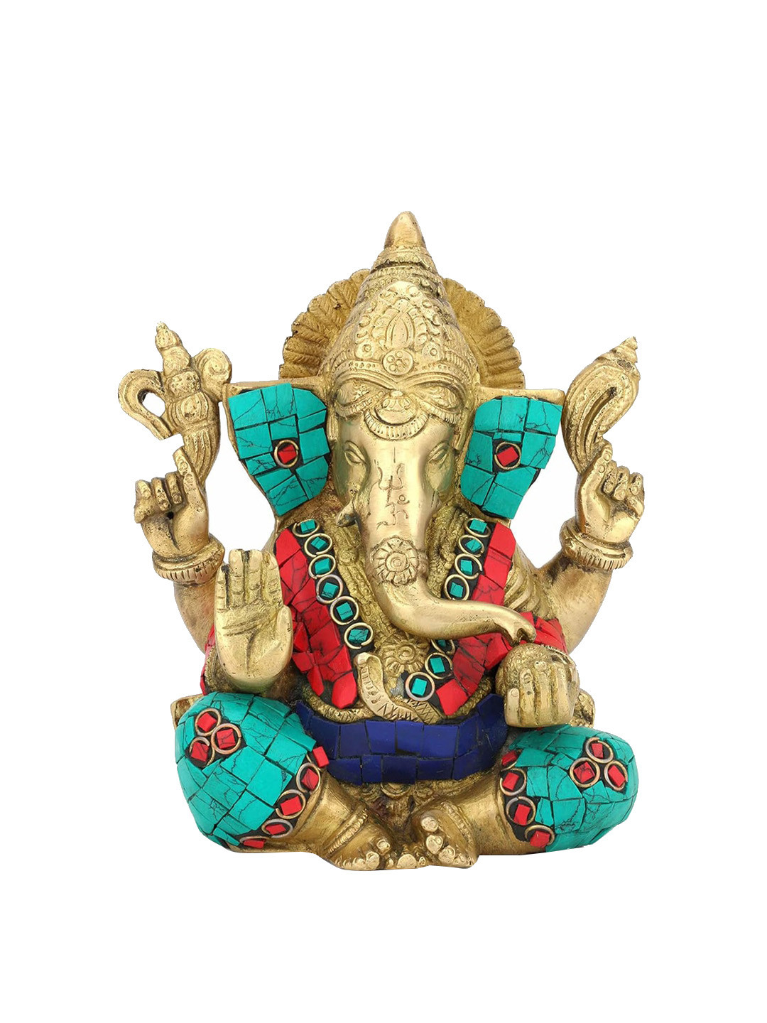 CraftVatika Red & Blue Textured Ganesha Brass Idol Showpiece