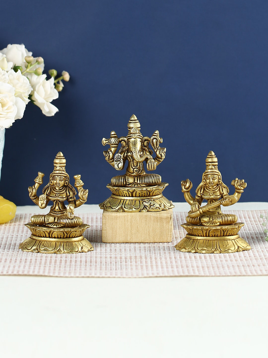 CraftVatika Ganesha Lakshmi and Saraswathi Gold Brass Metallic Prayer Room Set of 3 Medium Showpieces - 3.5 Inches