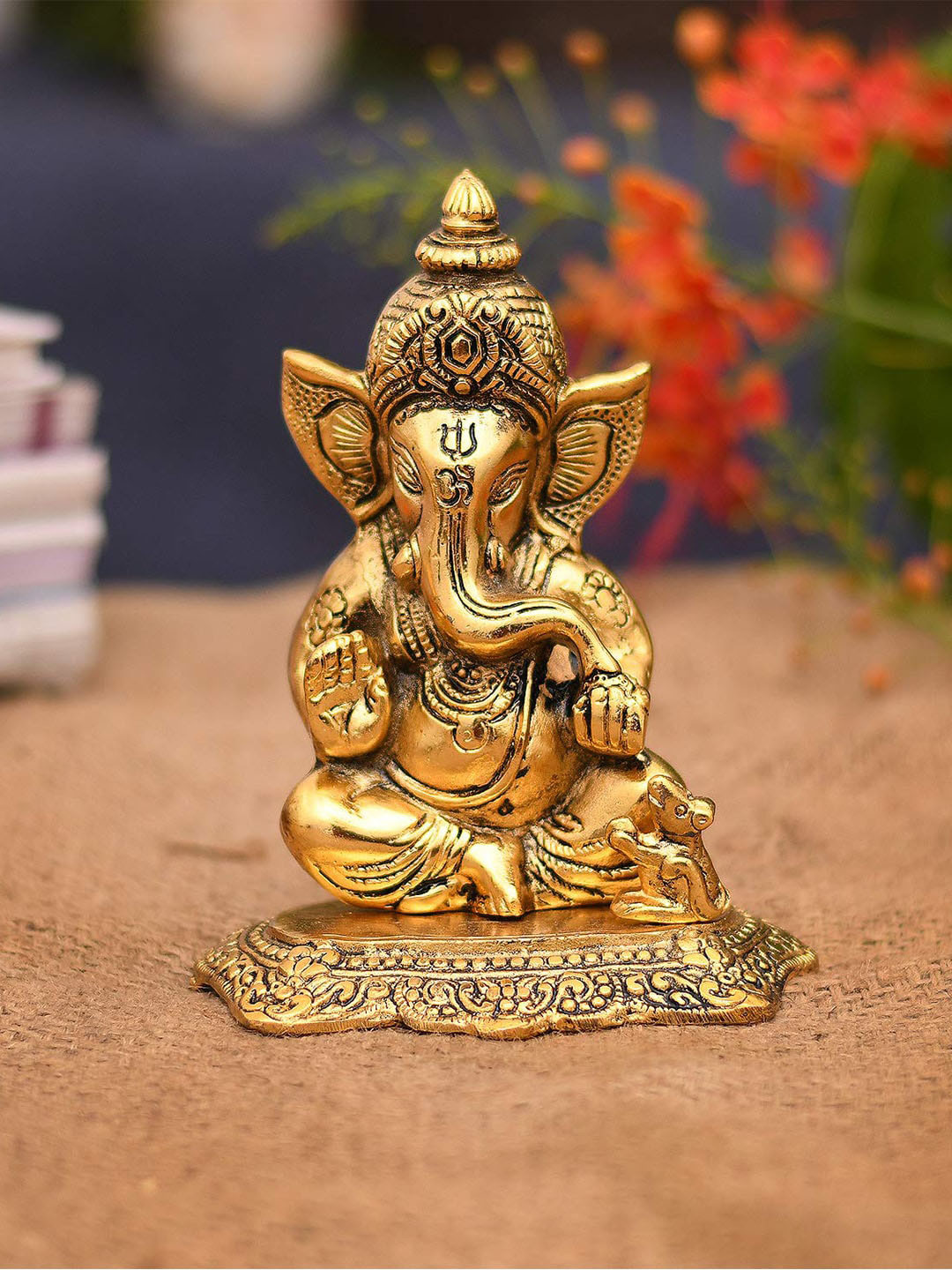 CraftVatika Lord Ganesha Shrine Gold Metal Metallic Prayer Room Medium Showpiece - 6.5 Inches