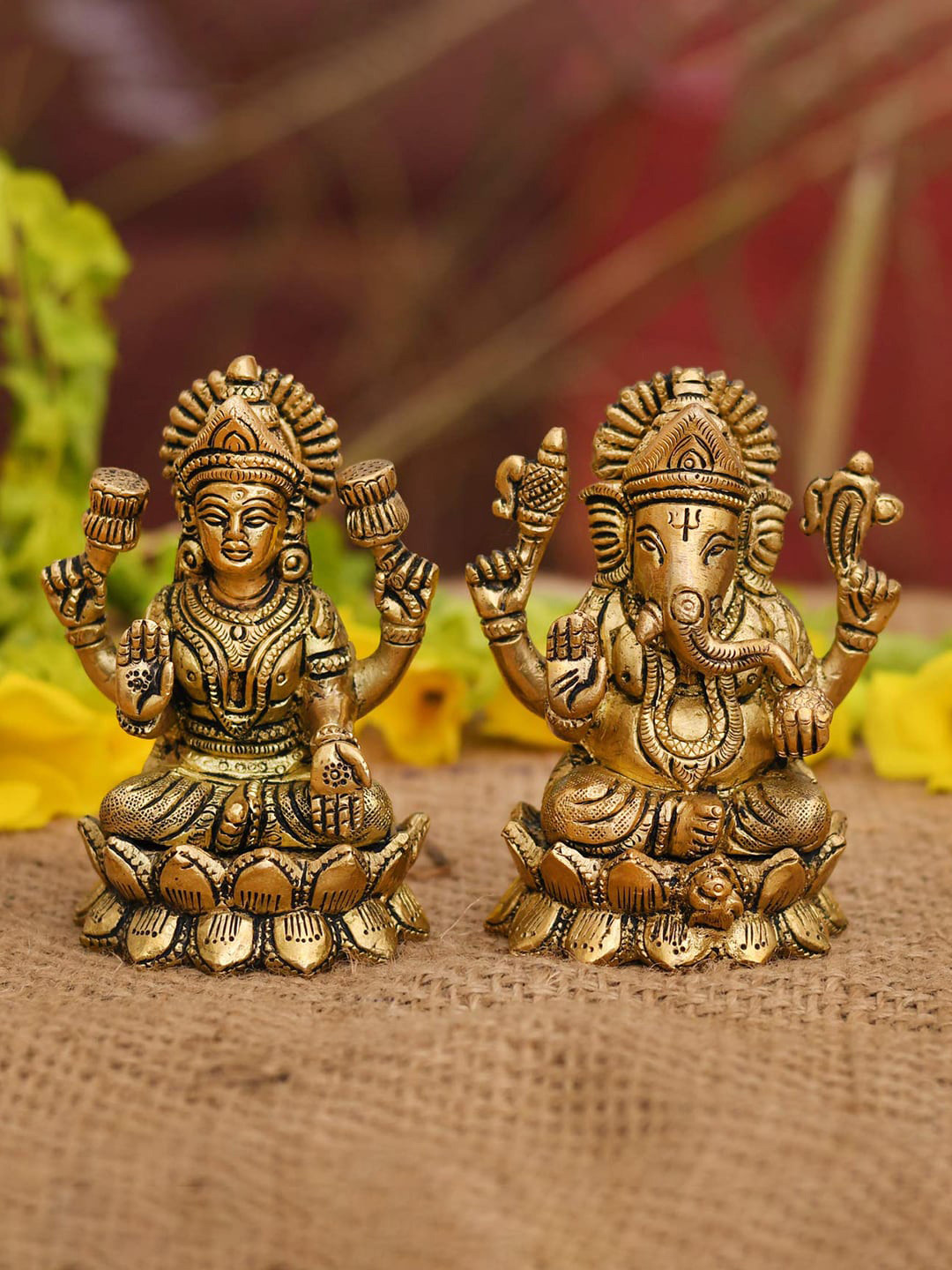 CraftVatika Ganesh Gold Brass Metallic Home Office Set of 2 Small Showpieces - 2.5 Inches