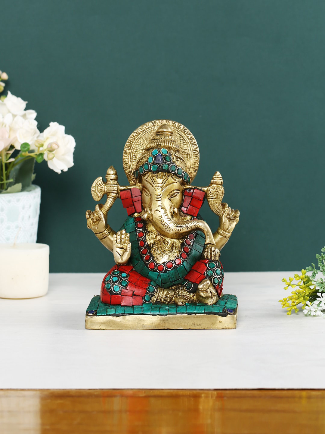 CraftVatika Colourful inlay Work Gorgeous Taj Ganesha Gold Brass Metallic Prayer Room Hand Made Medium Showpiece - 4.3 Inches