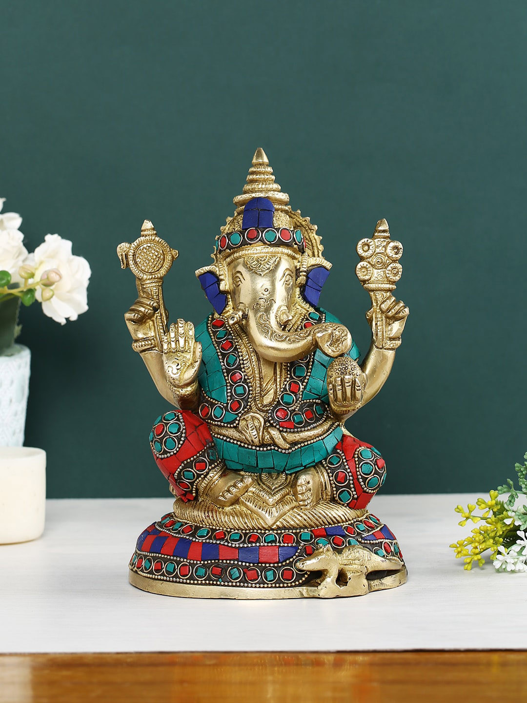 CraftVatika Lord Ganesh Gold Brass Metallic Prayer Room Medium Showpiece - 3.8 Inches