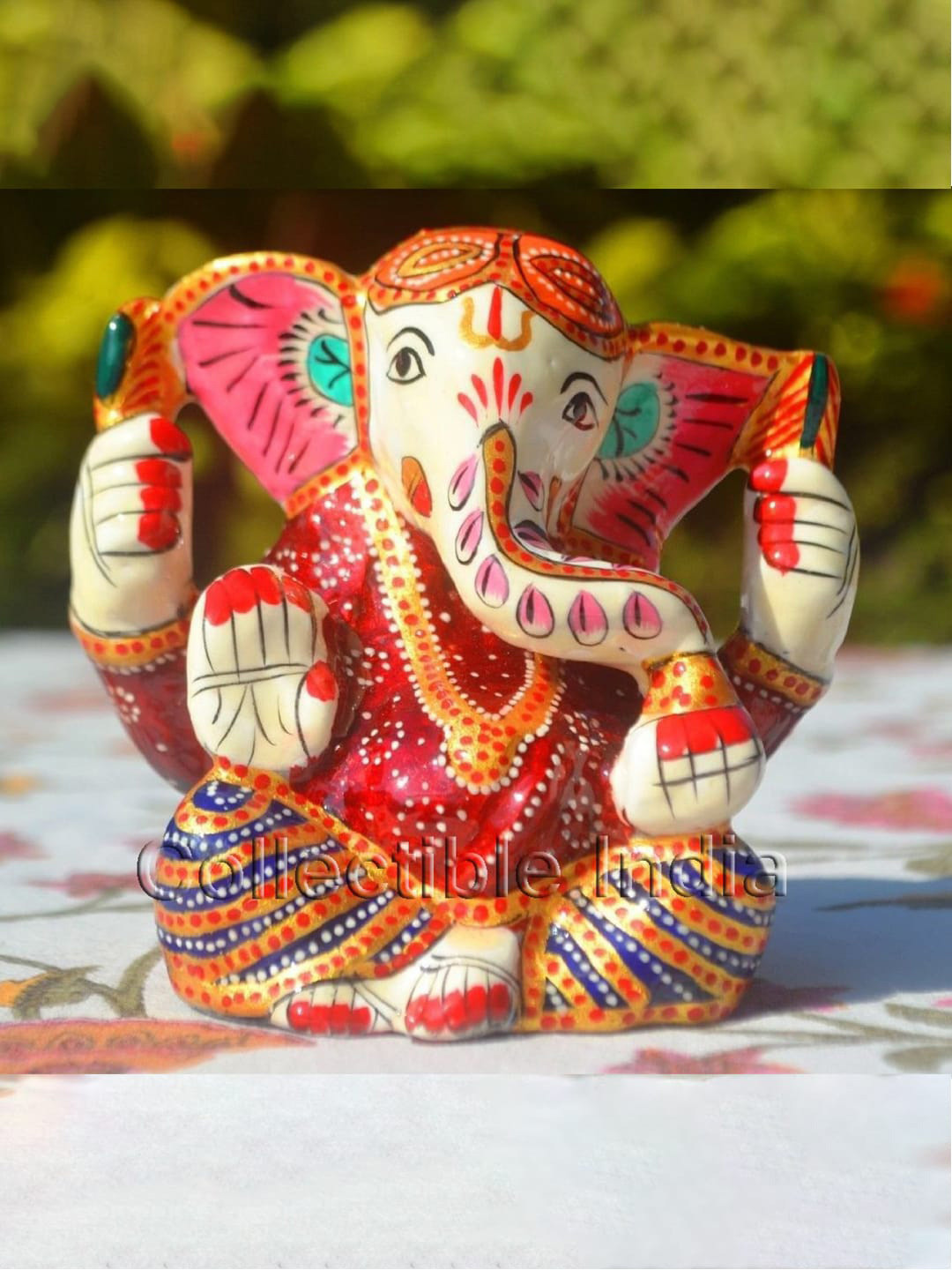 CraftVatika Ganesha Red Metal Metallic Prayer Room Hand Made Medium Showpiece - 3.5 Inches