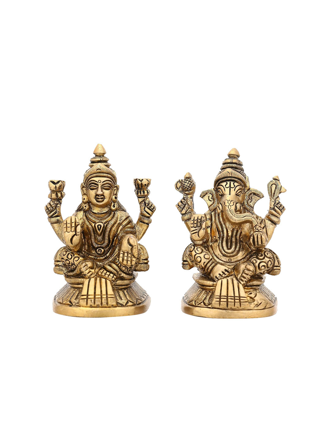 CraftVatika Ganesh and Laxmi Brown Brass Metallic Prayer Room Hand Made Set of 2 Small Showpieces - 3 Inches