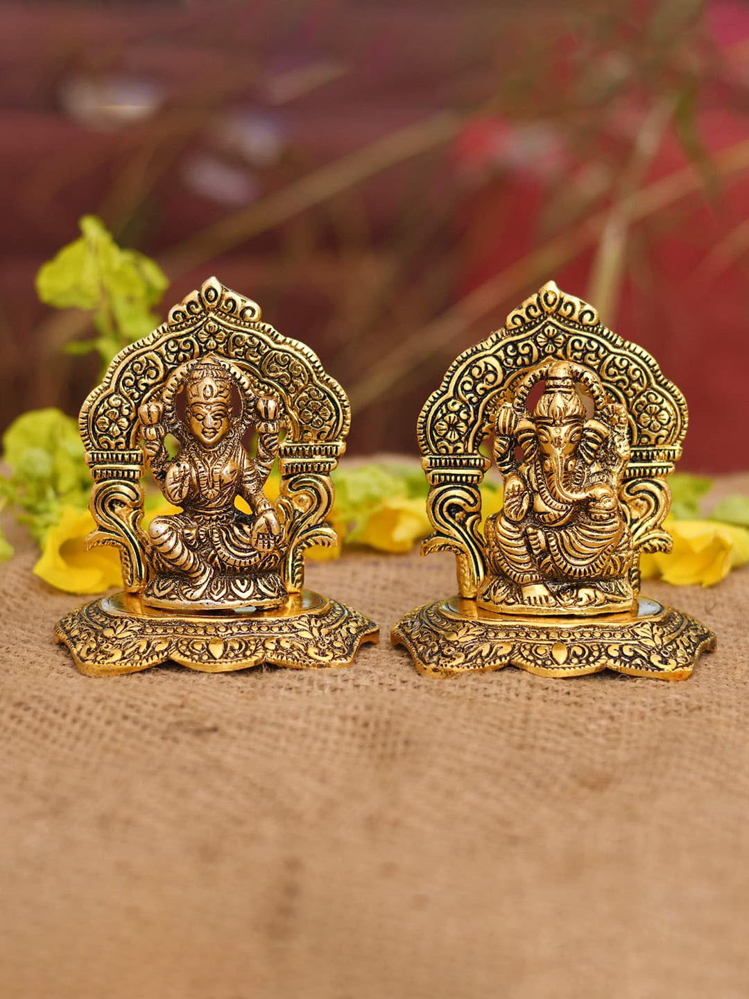 CraftVatika Ganesh on Swan Boat Tea Light Gold Metal Metallic Prayer Room Lights Set of 2 Medium Showpieces - 5 Inches
