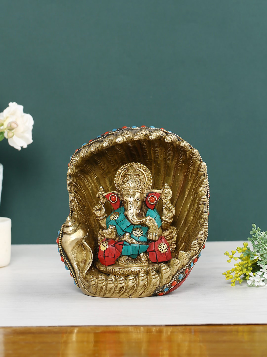 CraftVatika Resting Ganesha Gold Brass Metallic Prayer Room Small Showpiece - 6 Inches