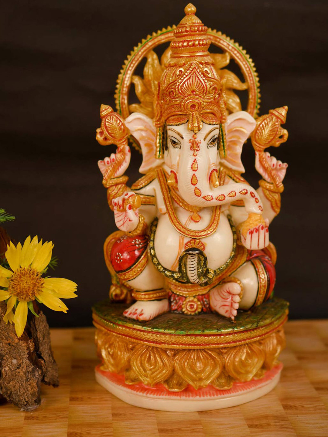 CraftVatika Lord Ganesha Sitting Cream Marble Glossy Living Room Medium Showpiece - 9 Inches