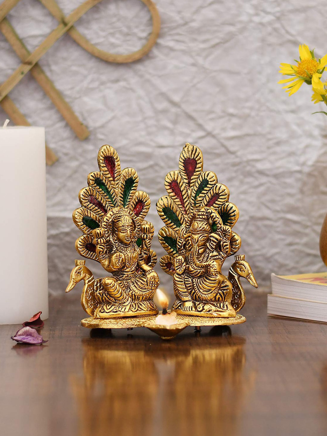 CraftVatika Laxmi Ganesh Saraswati Gold Metal Metallic Prayer Room Set of 2 Small Showpieces - 5.5 Inches
