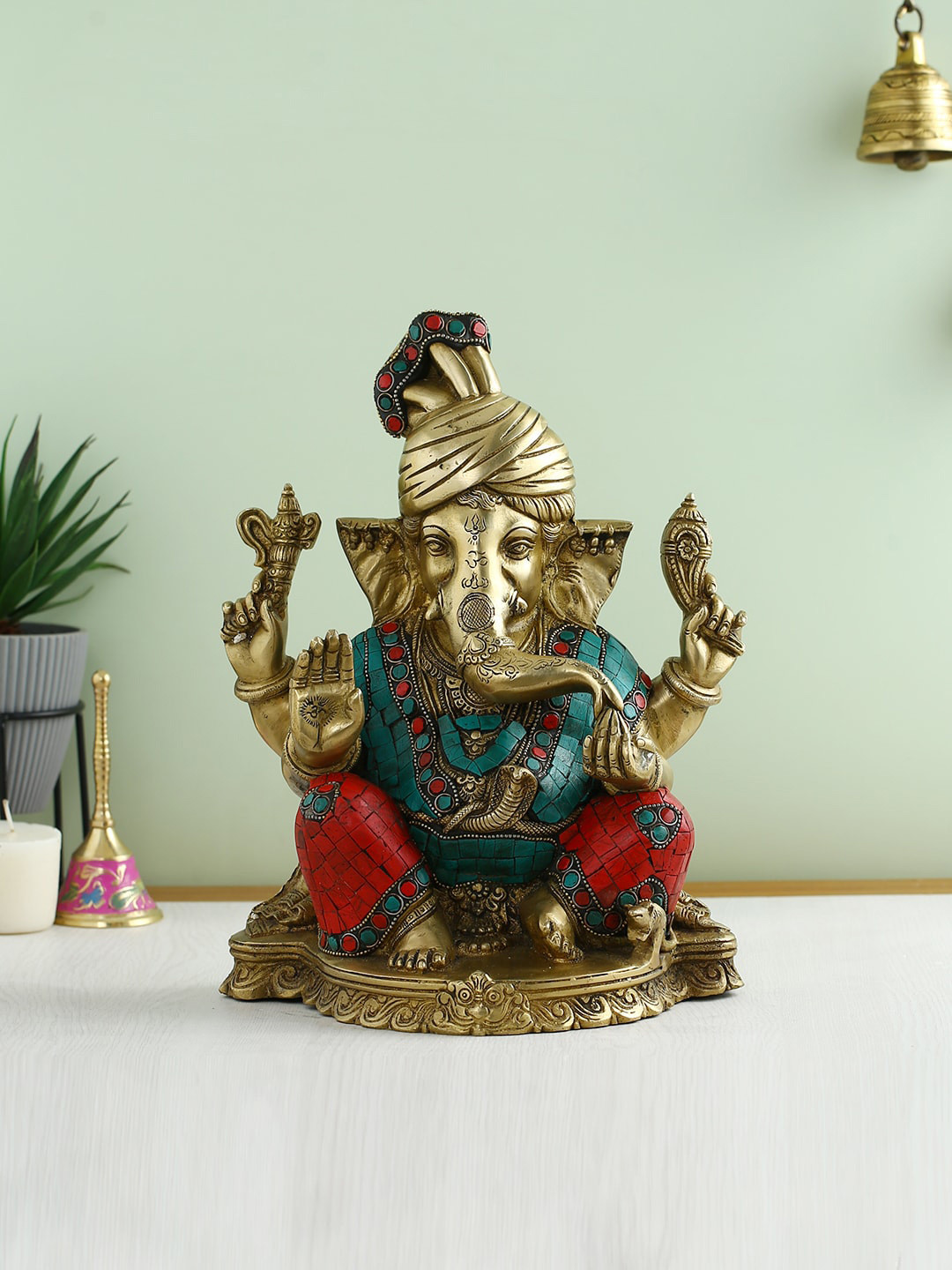 CraftVatika God Ganesh Ganpati Sitting Copper Brass Metallic Prayer Room Medium Showpiece - 8.5 Inches