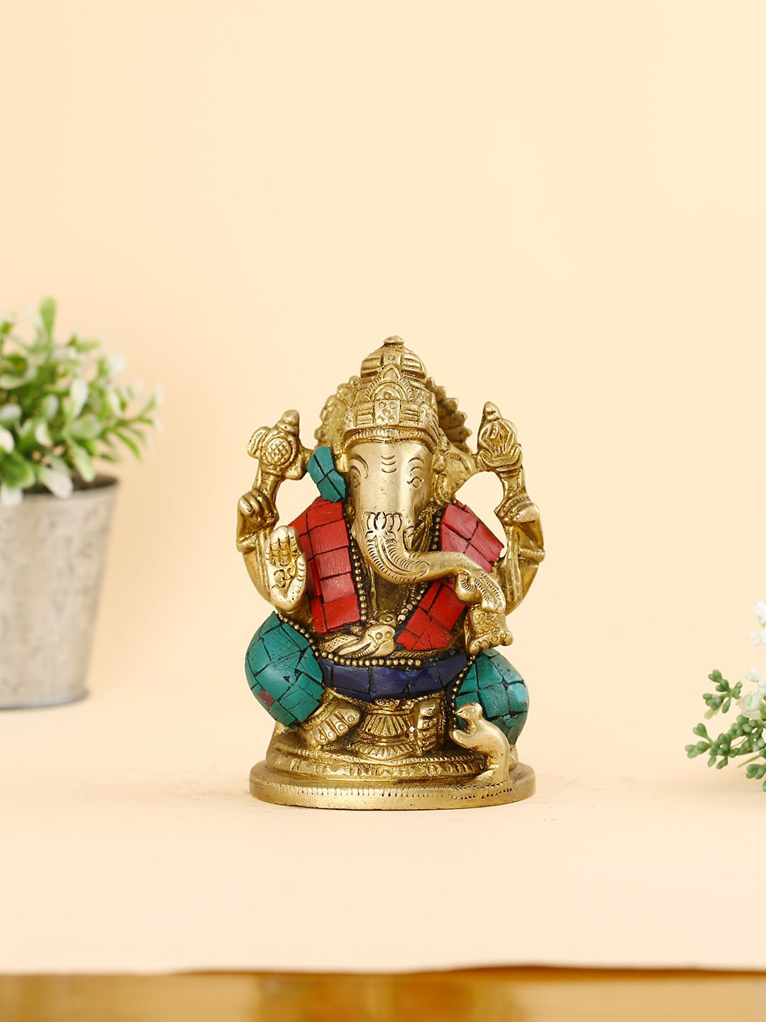 CraftVatika Ganesha Red Brass Metallic Prayer Room Small Showpiece - 4.5 Inches