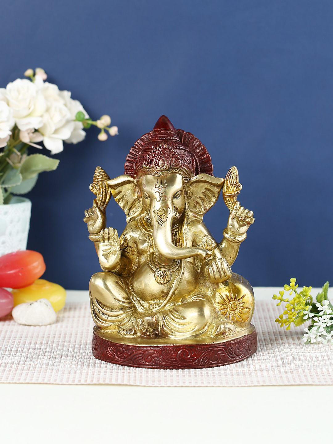 CraftVatika Ganesha Gold Brass Metallic Prayer Room Medium Showpiece - 7.8 Inches